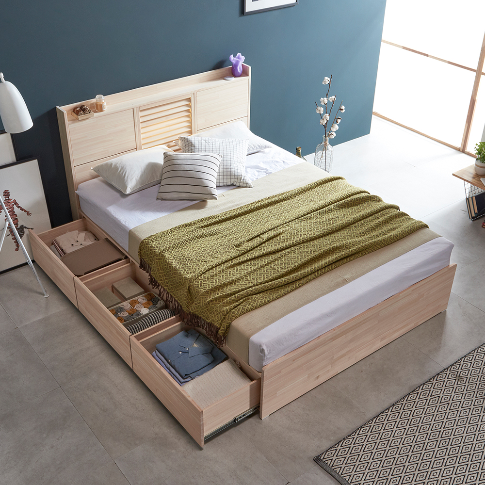 [케이컴퍼니] 리얼트리, 편백나무 원목침대 서랍형 퀸세트 (독립+40T매트)